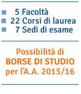 5 facoltà, 22 corsi di laurea, 7 sedi di esame. Possibilità di borse di studio.